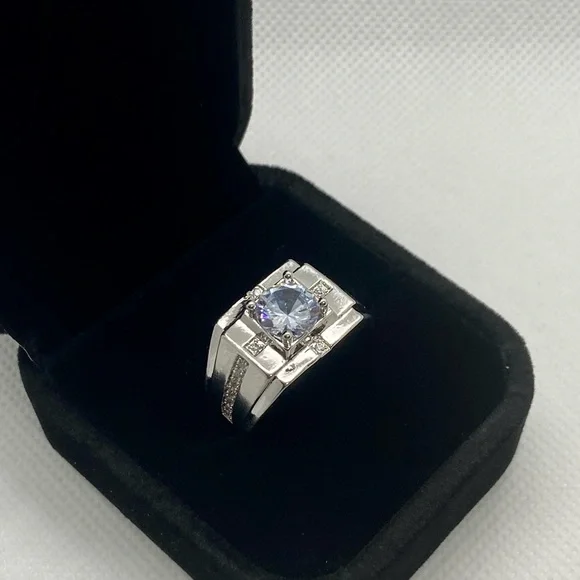 NEW 925 Silver Round Crystal Wide Band Ring